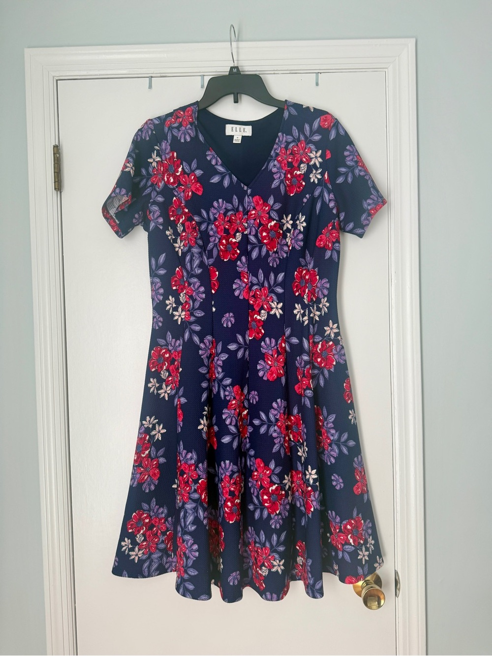 Elle Navy Floral Fit-and-Flare Dress with Red and Purple Blooms